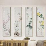 Original ink wash bird-and-flower painting, unframed Hand-Painted plum/orchid/bamboo/chrysanthemum, watercolor botanic painting,set of 4