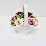Royal Stratford  basket bouquet ornament, England, beautiful roses  in pinks and yellows, white basket