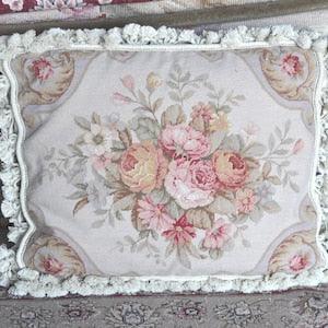 Vintage Wool Petit Point Cushion Cover | Throw Pillow Cover | Floral Rose Bouquet Accent Pillow Case | Needlepoint Cushion 16x20
