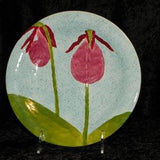 Hand Painted Ceramic Orchidware Small Plate - Cyprepedium Orchid on light blue background, art piece; orchids, flowers, decor