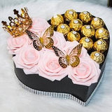 Heart Shaped Pink Rose Flower Arrangement W/ Gold Butterfly, Luxury Flower Box, Glam Decor, Flower Gift Box W/ Chocolates & Crown