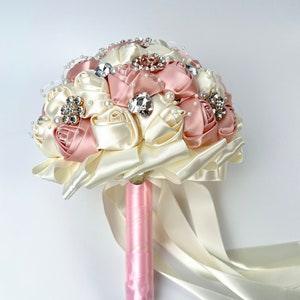 Bridal Brooch Bouquet | 8" Pink, Ivory and Rose Gold Jeweled Bouquet | Rhinestones and Pearls Decorated | Rose Wedding Brooch Bouquet