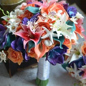 Teal Coral Orange Bridal Bouquets, Real Touch Roses, Calla Lilies, Garden Tiger Lilies, Silk Orchids Wedding Bouquets