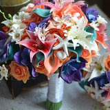 Teal Coral Orange Bridal Bouquets, Real Touch Roses, Calla Lilies, Garden Tiger Lilies, Silk Orchids Wedding Bouquets