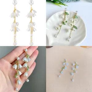 US White Fairy Flower Earrings Lily of the Valley w/ Pearl Long Tassel Earrings