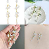 US White Fairy Flower Earrings Lily of the Valley w/ Pearl Long Tassel Earrings