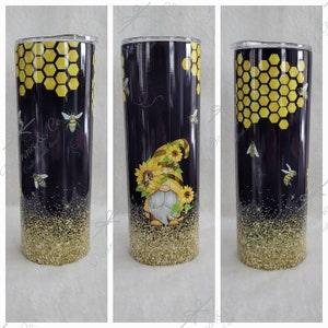 Bumble Bee, Honeycomb, and Sunflower Gnome themed 20oz Stainless Steel Tumbler/Travel Mug with Slider Lid and Straw | Spring | Summer | Bees