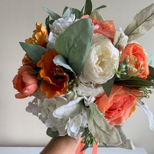 Bridal bouquet with silk flowers, Coral shades bride bouquet,Wedding faux flowers,Real touch lamb??s ear and artificial flowers for weddings