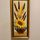 Framed GOBELIN? wall hanging, needlepoint, vintage needlepoint, SUNFLOWER design, cattails, ikebana, wool yarn, tapestry, 1970's, stitchery