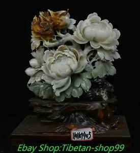 15.7'' China Natural Xiu Jade Carve Peony Flower Bird Animal Statue ornament