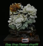 15.7'' China Natural Xiu Jade Carve Peony Flower Bird Animal Statue ornament