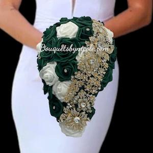 Real touch Roses Brooch Bouquet Bridal Bouquet l Bridesmaids Waterfall Cascading l Wedding Flowers l Emerald Green Bouquet l Quinceanera