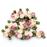 Mini Satin Ribbon Roses with pearls and leaves. Decoration for Craft, Sewing and Doll's Clothing. 10 or 20 pieces.