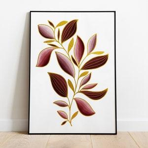 Burgundy & Gold Foliage, Botanical Print, Wall Decor, Watercolor Foliage, Plant Poster, Watercolor Painting, Home