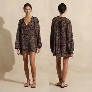 Peony Afterswim Ruched Floral Print Mini Dress Women's Brown Size: Small NWOT