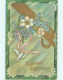 NEW LISTINGUnused Divided-Back birthday CUTE BIRD & LILY FLOWER & PINK RIBBON o9866