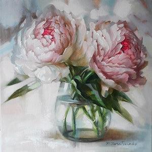 Peonies oil painting canvas original art Floral painting print White peony in glass vase wall art For her Birthday gift for women