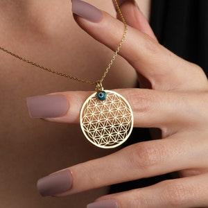 Flower of Life Charm Silver Necklace, Sacred Geometric Jewelry, Bold Round Spiritual Yoga Symbol, Gold Mystical Talisman for Balance Seekers