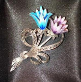 Antique Sterling Silver Marcasite Enamel Tulip Brooch Lilac Blue Lily Flower Pin
