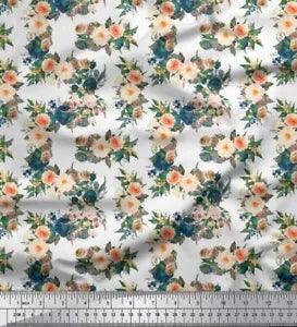 Soimoi White Japan Crepe Satin Fabric Leaves & Peony Floral Print-6NU