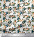 Soimoi White Japan Crepe Satin Fabric Leaves & Peony Floral Print-6NU