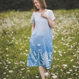 Casual linen dress with ombre blue floral meadow print, short sleeve A-line flowy loose linen midi sundress / READY TO SHIP