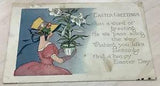 vintage art deco Easter postcard woman holding lily plant flowers flaws