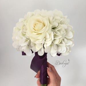 CHOOSE RIBBON COLOR - White Ivory Rose and Hydrangea Bouquet, Bridal Bouquet, Real Touch Rose Bouquet, Ivory Rose Bouquet, Hydrangea Bouquet