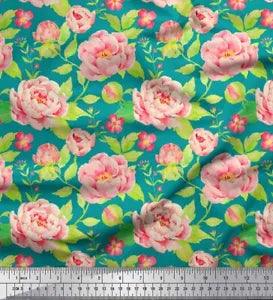 Soimoi Blue Velvet Fabric Leaves & Peony Floral Fabric Prints By-VfB