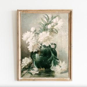 Antique Floral Art Vintage Peonies Bouquet Emerald Green vase Country Farmhouse Kitchen decor Romantic still life White Flowers Floral green