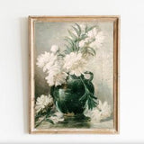 Antique Floral Art Vintage Peonies Bouquet Emerald Green vase Country Farmhouse Kitchen decor Romantic still life White Flowers Floral green