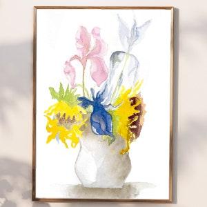 flower print, bouquet of sunflowers and irises, whimsical watercolour, 8"x10"
