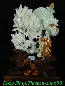 12" Boutique China Natural Xiu Jade Carve Peony Flower Bird Magpie Moon Statue