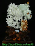 12" Boutique China Natural Xiu Jade Carve Peony Flower Bird Magpie Moon Statue