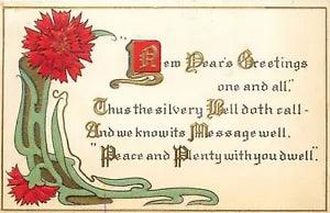 Arts & Crafts Style New Year Postcard 1005 Gold & Carnation Flower Motif, Posted