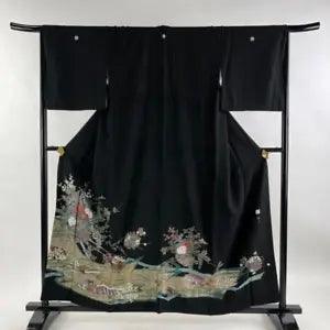 Black Tomesode Length 157Cm Sleeve 65.5Cm M Flower Cart Peony Gold And Silver Pu