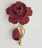 Flocked Red Double Carnation Dianthus Vintage 1960s-1970s Gold Tone Brooch Pin