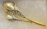 Exquisite Vintage Gold Tone Rhinestone Faux Pearls Calla Lily Flower Brooch