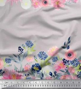 Soimoi Gray Cotton Poplin Fabric Ranunculus & Chrysanthemum Floral-MWO