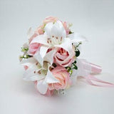 Bridal bouquet White Tiger Lilies and Blush Pink Roses, wedding artificial bouquet, wrist corsage and boutonniere set