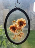 VINTAGE PRESSED DRIED FLOWERS ART OVAL GLASS METAL FRAME