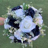 Ivory and Navy blue natural look wedding flowers with eucalyptus and gypsophila