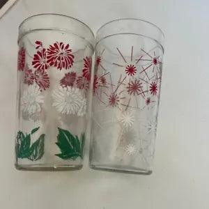 50??s 2 Heavy Vintage Tall Carnation Flowers & Starburst Tumbler/Drinking Glasses