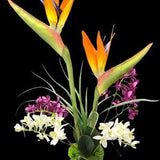 Artificial bird of paradise table decoration with phalaenopsis orchids
