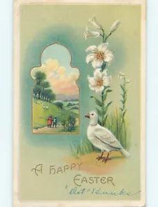 NEW LISTINGPre-Linen easter BEAUTIFUL WHITE DOVE BIRD WITH EASTER LILY FLOWERS hr2224