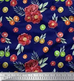 Soimoi Blue Cotton Poplin Fabric Fruits & Peony Floral Fabric Prints-z8Q