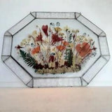 Vintage Signed Dried Pressed Flowers In Pewter Stained Glass Wall Hanging 15x19