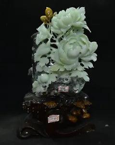 17.6" Old Chinese Xiu Jade Jadeite carved peony flower bird Decor lucky statue