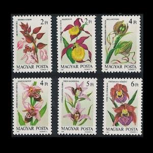 Colourful Orchids on 1987 Postage Stamps Hungarian / Gardener Gift Tag, Altered Book Spread, Artist Trading Card Series, Summer Scrapbook