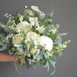 Fake White Boho Wedding Bouquet, White Green Bridal Bouquet, Real Touch White Roses, Eucalyptus, White King Protea, White Dahlia Bouquets